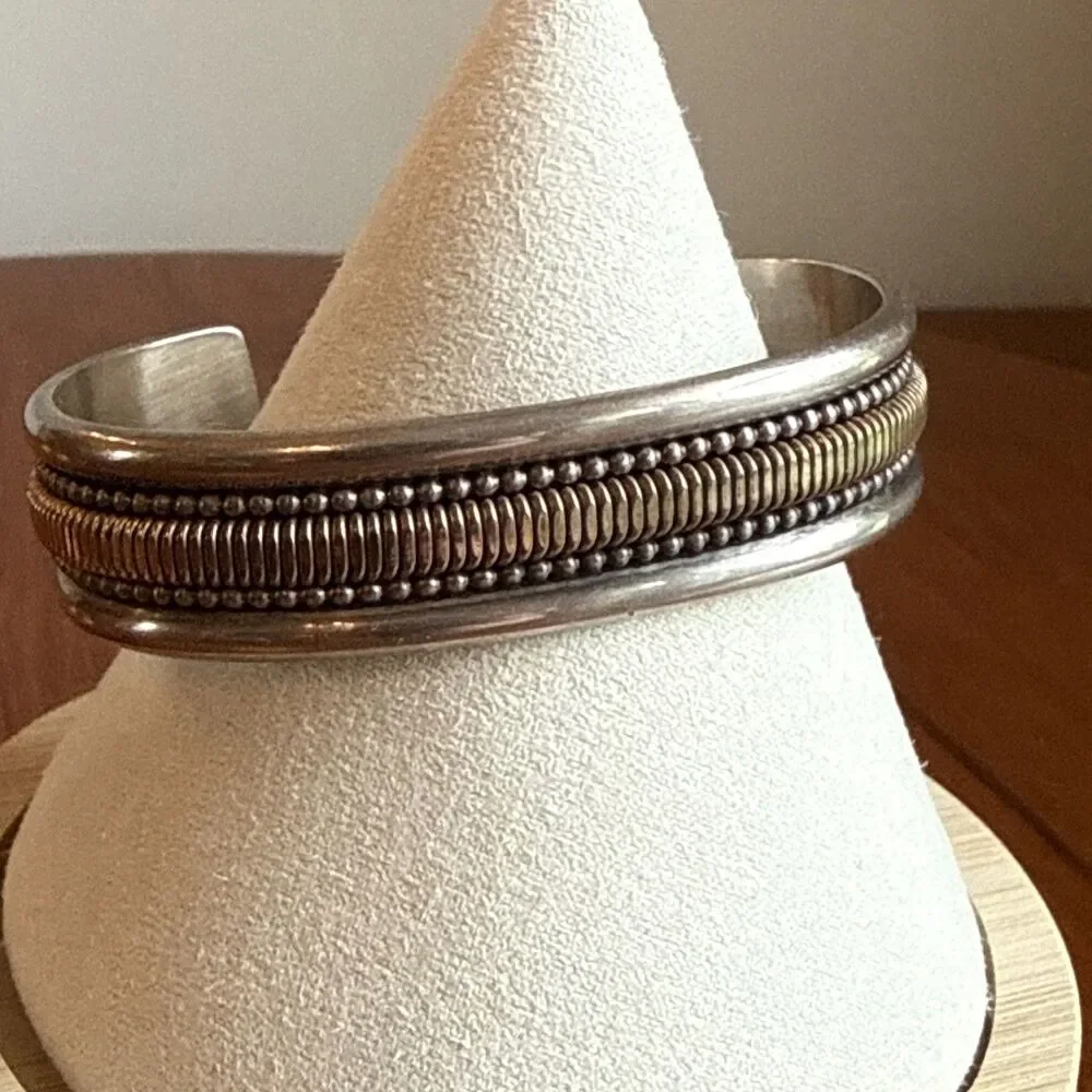 Tahe Navajo Cuff Bracelet Sterling Silver Gold Filled Vintage 15mm 41g Signed